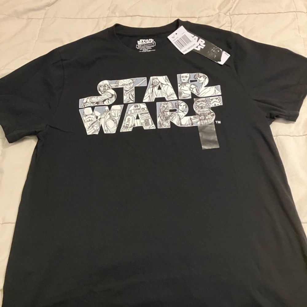 Star Wars Graphic T-Shirt Men’s Medium Black Character Collage Logo NWT